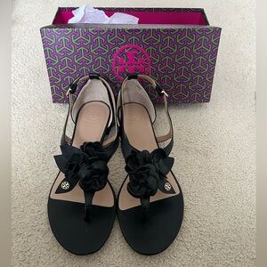 Tory Burch Black Leather Flower Sandals